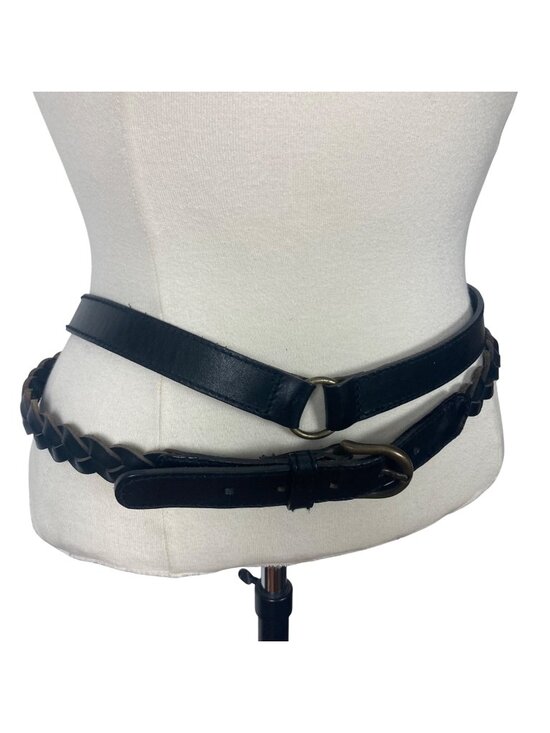 Vintage Echo Black Braided Leather Double Wrap Belt Brass Buckle Large 80s 90s main image 10